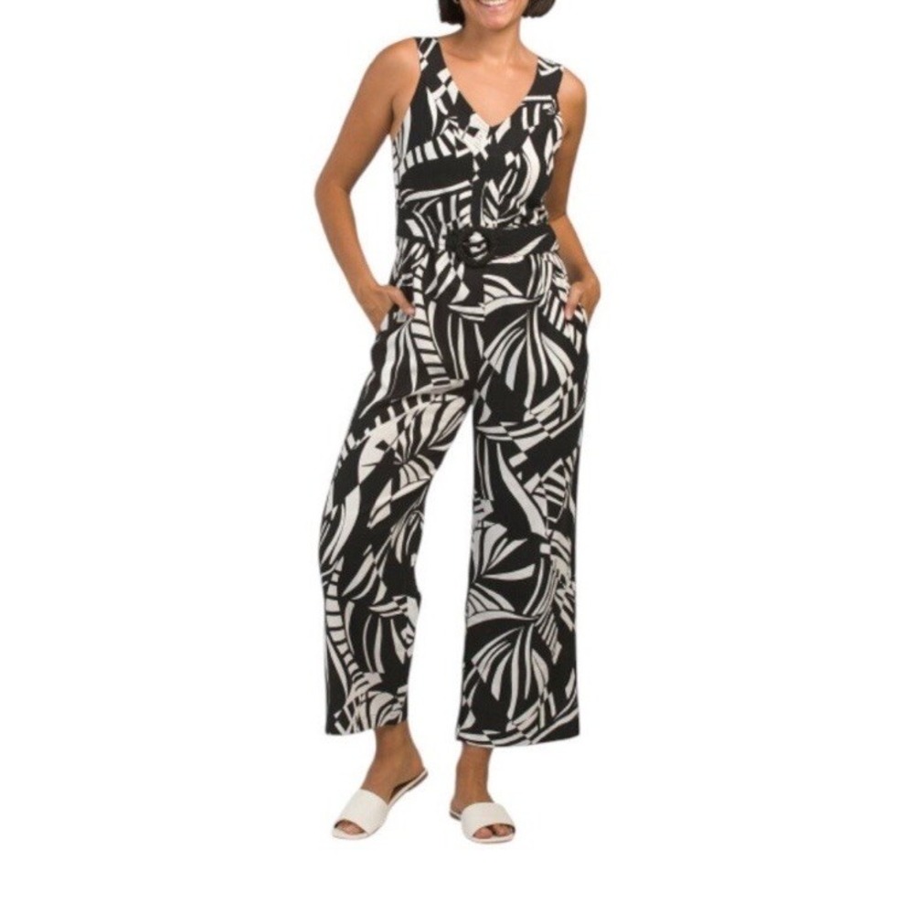 Tahari Sz 6 Linen Crop Wide Leg Jumpsuit Beaded‎ Belt Buckle Black White Print